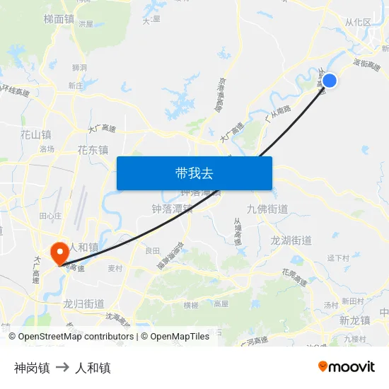 神岗镇 to 人和镇 map