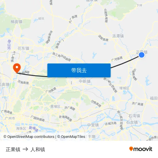 正果镇 to 人和镇 map