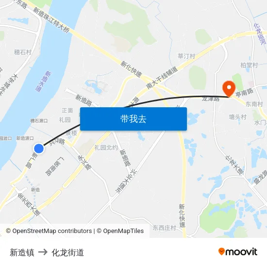 新造镇 to 化龙街道 map