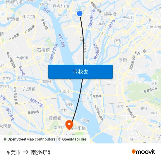 东莞市 to 南沙街道 map