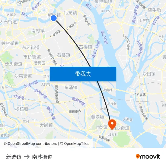 新造镇 to 南沙街道 map