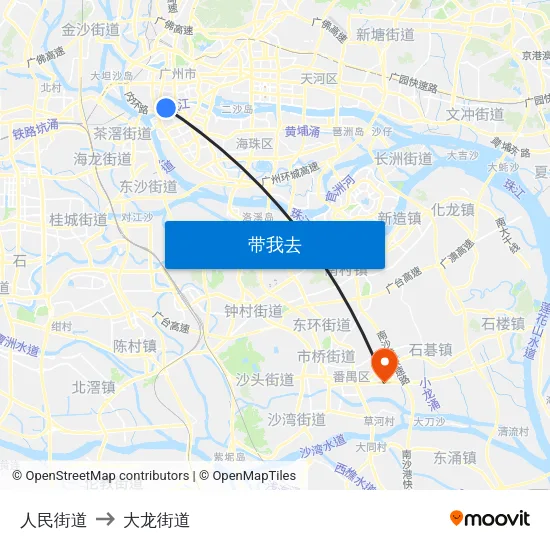 人民街道 to 大龙街道 map