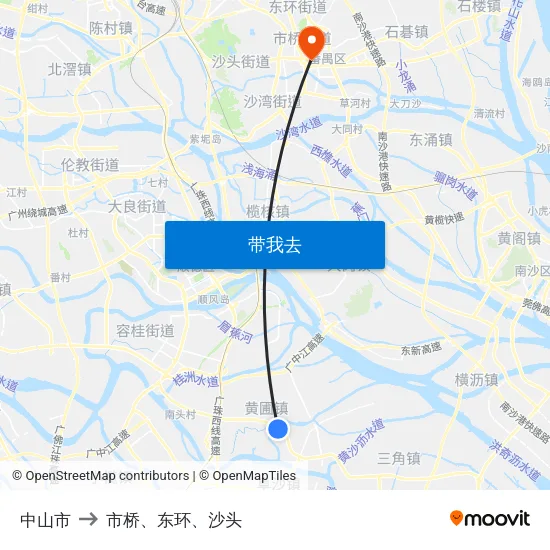 中山市 to 市桥、东环、沙头 map