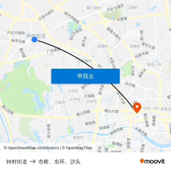 钟村街道 to 市桥、东环、沙头 map