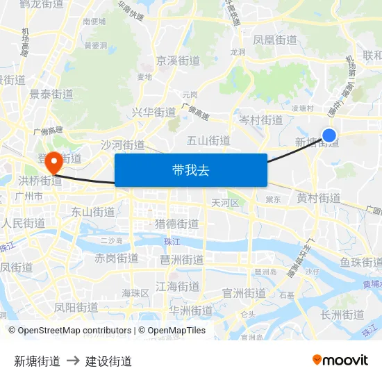 新塘街道 to 建设街道 map