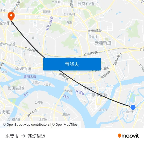东莞市 to 新塘街道 map