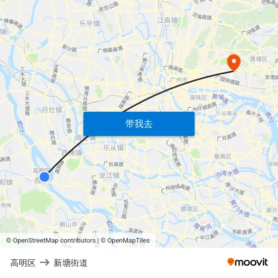 高明区 to 新塘街道 map