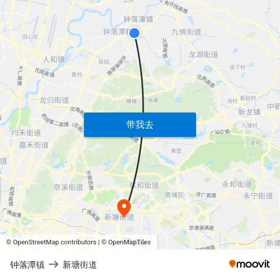 钟落潭镇 to 新塘街道 map
