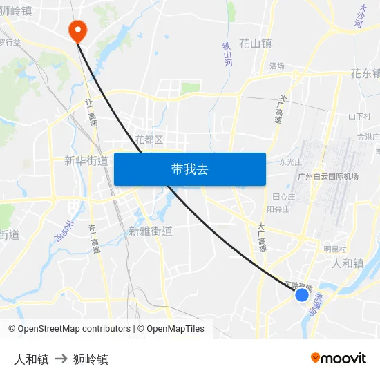 人和镇 to 狮岭镇 map