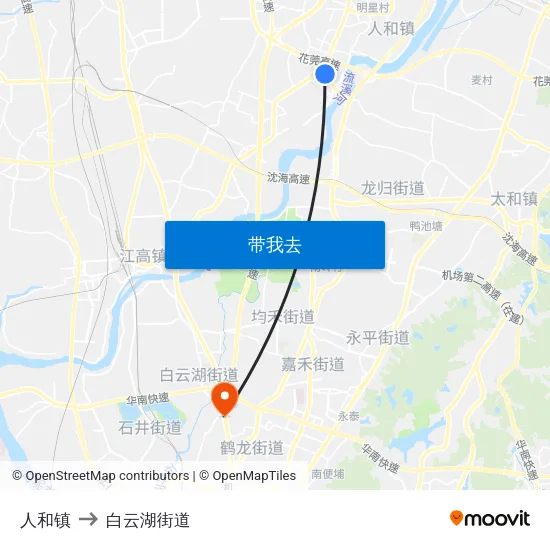 人和镇 to 白云湖街道 map