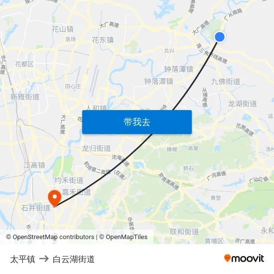 太平镇 to 白云湖街道 map