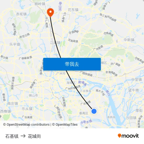 石基镇 to 花城街 map