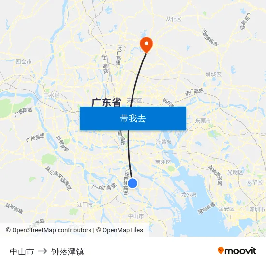 中山市 to 钟落潭镇 map