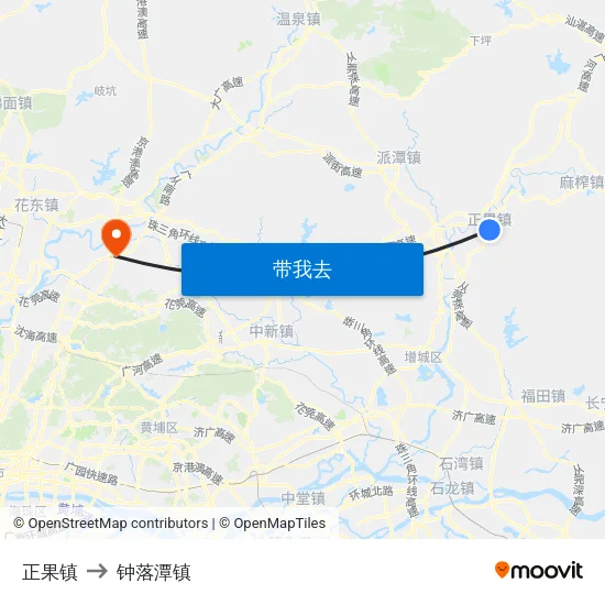 正果镇 to 钟落潭镇 map