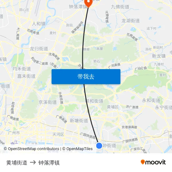 黄埔街道 to 钟落潭镇 map
