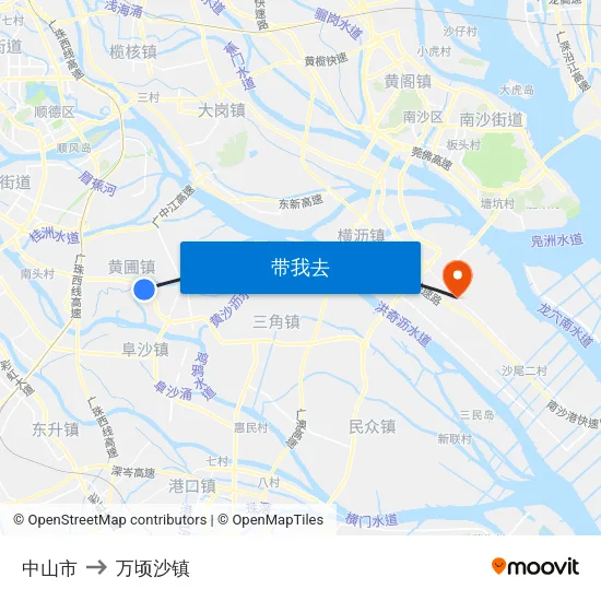 中山市 to 万顷沙镇 map