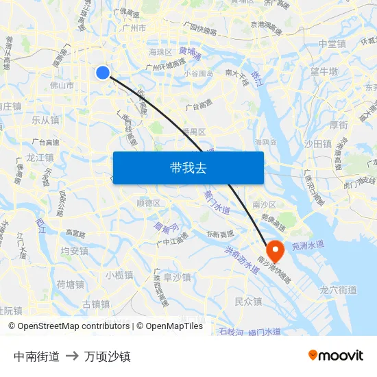 中南街道 to 万顷沙镇 map
