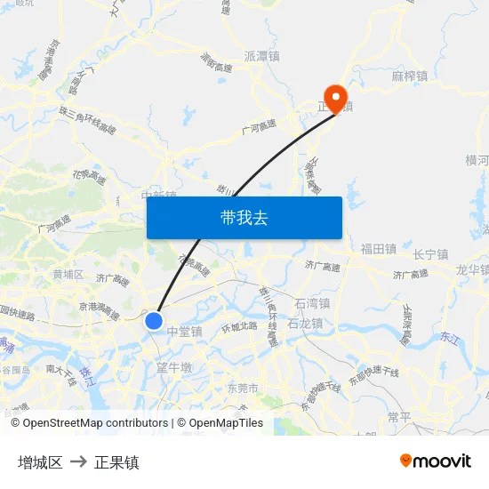 增城区 to 正果镇 map