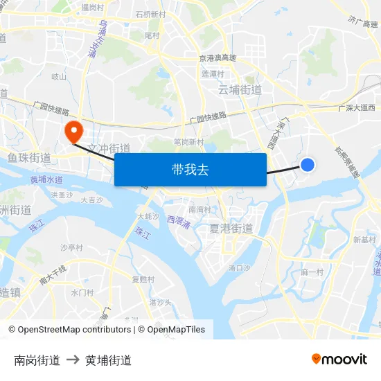 南岗街道 to 黄埔街道 map