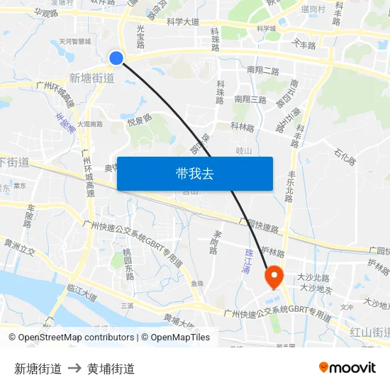 新塘街道 to 黄埔街道 map