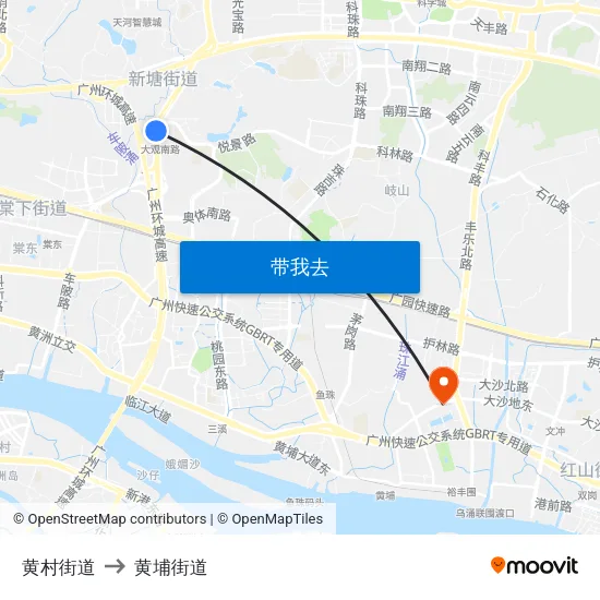 黄村街道 to 黄埔街道 map