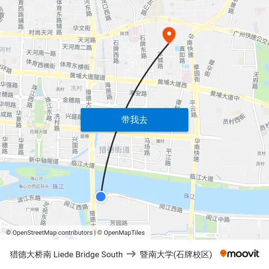 猎德大桥南 Liede Bridge South to 暨南大学(石牌校区) map