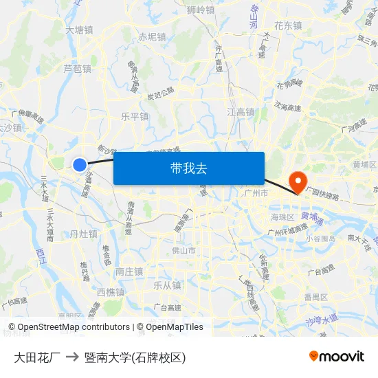大田花厂 to 暨南大学(石牌校区) map