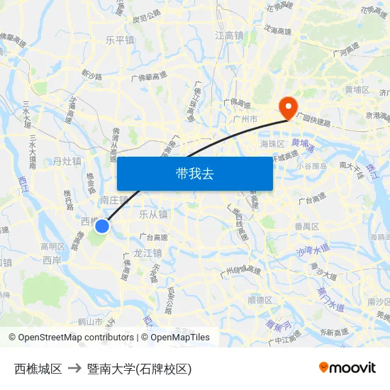 西樵城区 to 暨南大学(石牌校区) map