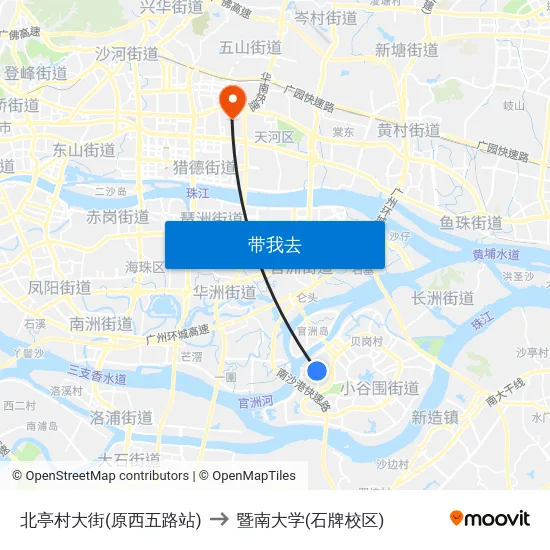 北亭村大街(原西五路站) to 暨南大学(石牌校区) map