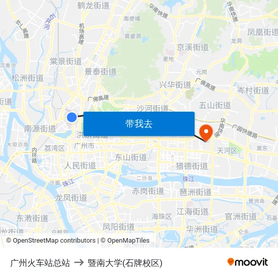 广州火车站总站 to 暨南大学(石牌校区) map