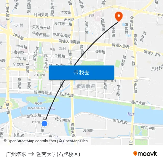 广州塔东 to 暨南大学(石牌校区) map