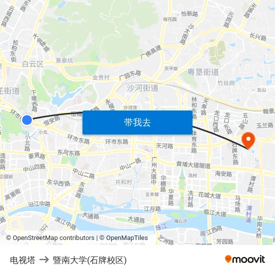 电视塔 to 暨南大学(石牌校区) map