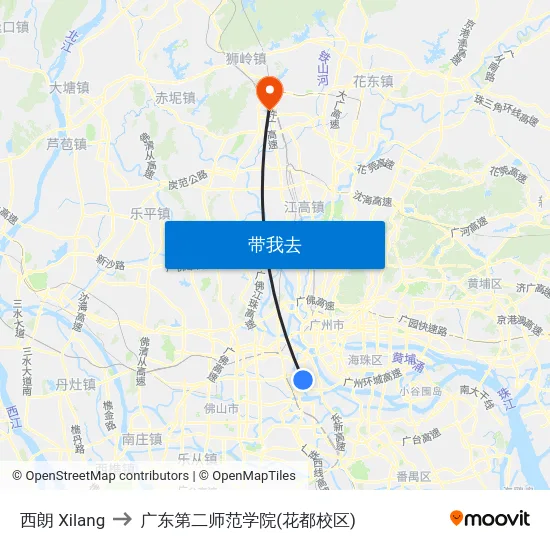 西朗 Xilang to 广东第二师范学院(花都校区) map
