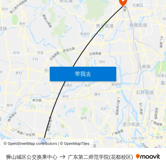 狮山城区公交换乘中心 to 广东第二师范学院(花都校区) map