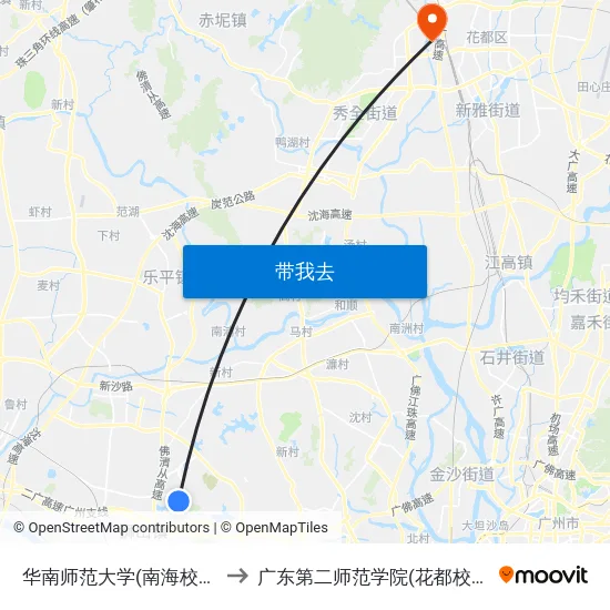 华南师范大学(南海校区) to 广东第二师范学院(花都校区) map