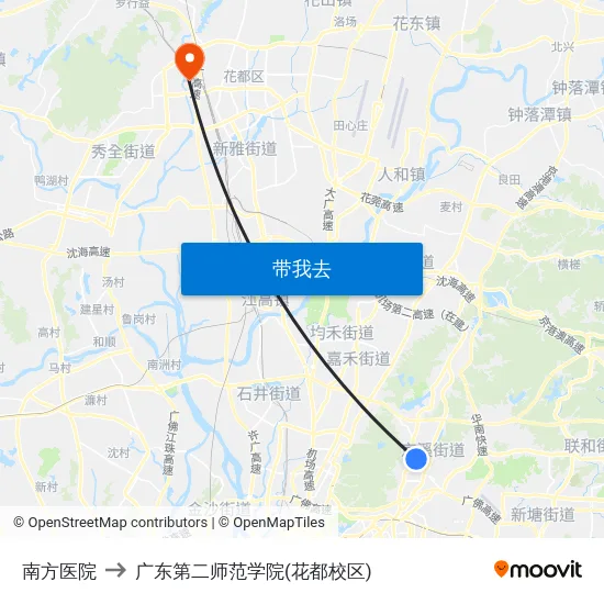 南方医院 to 广东第二师范学院(花都校区) map