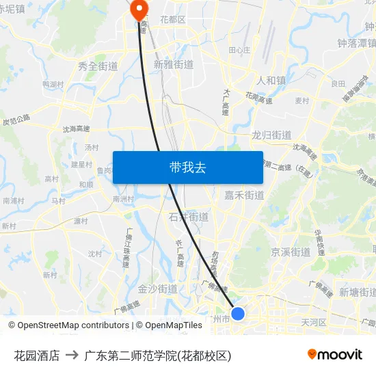 花园酒店 to 广东第二师范学院(花都校区) map