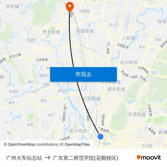 广州火车站总站 to 广东第二师范学院(花都校区) map