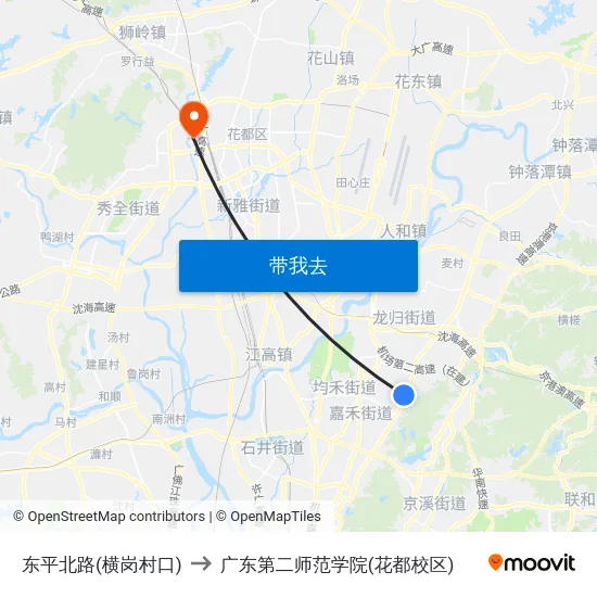 东平北路(横岗村口) to 广东第二师范学院(花都校区) map