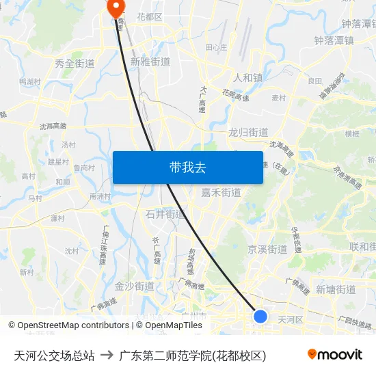 天河公交场总站 to 广东第二师范学院(花都校区) map