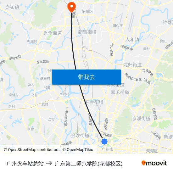 广州火车站总站 to 广东第二师范学院(花都校区) map