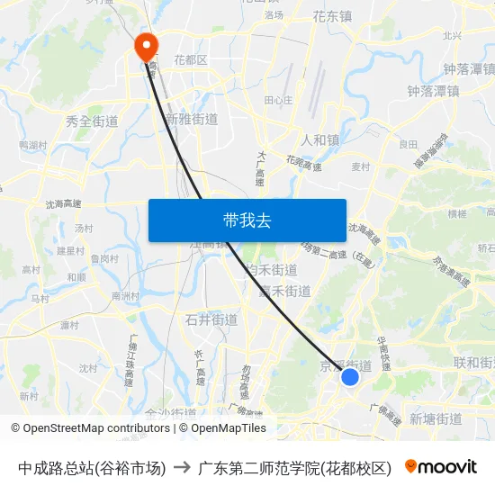 中成路总站(谷裕市场) to 广东第二师范学院(花都校区) map