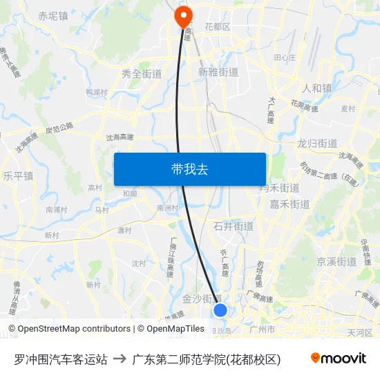 罗冲围汽车客运站 to 广东第二师范学院(花都校区) map