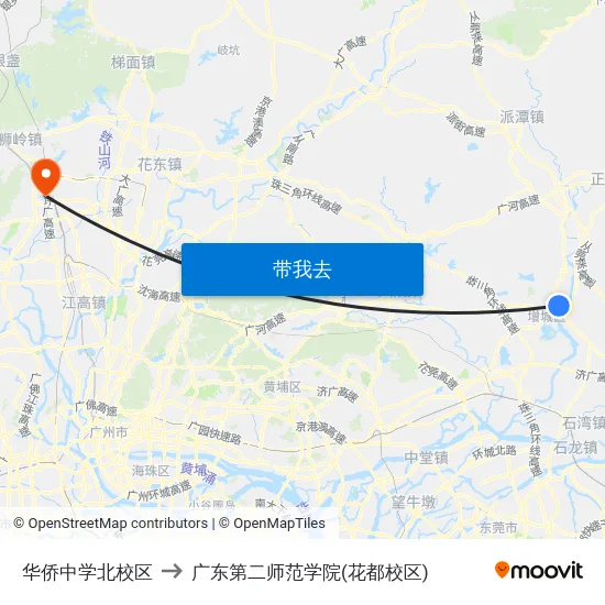 华侨中学北校区 to 广东第二师范学院(花都校区) map