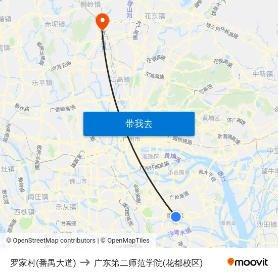 罗家村(番禺大道) to 广东第二师范学院(花都校区) map