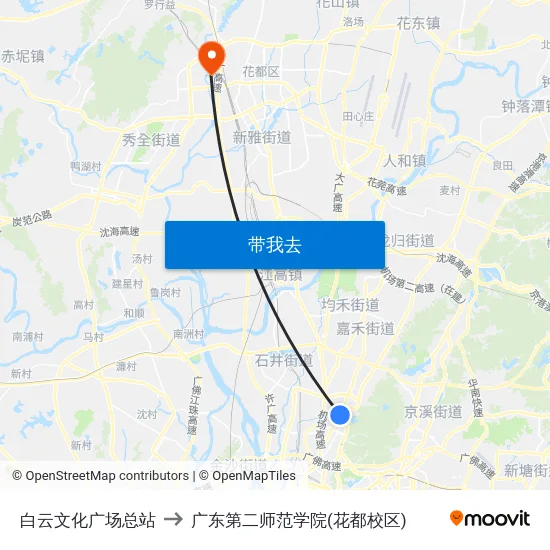 白云文化广场总站 to 广东第二师范学院(花都校区) map