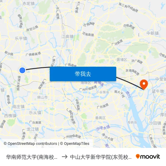 华南师范大学(南海校区) to 中山大学新华学院(东莞校区) map