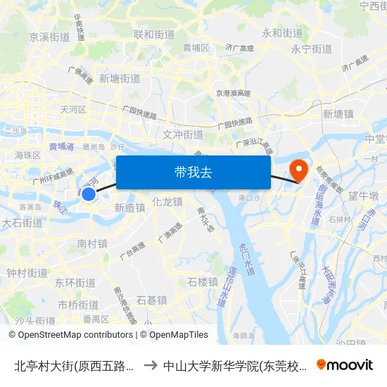 北亭村大街(原西五路站) to 中山大学新华学院(东莞校区) map