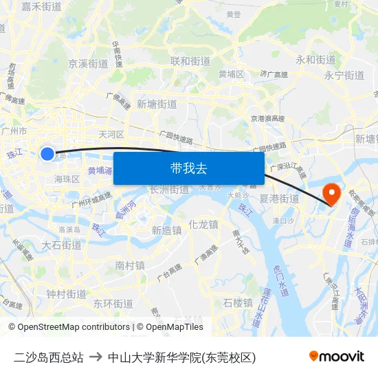 二沙岛西总站 to 中山大学新华学院(东莞校区) map