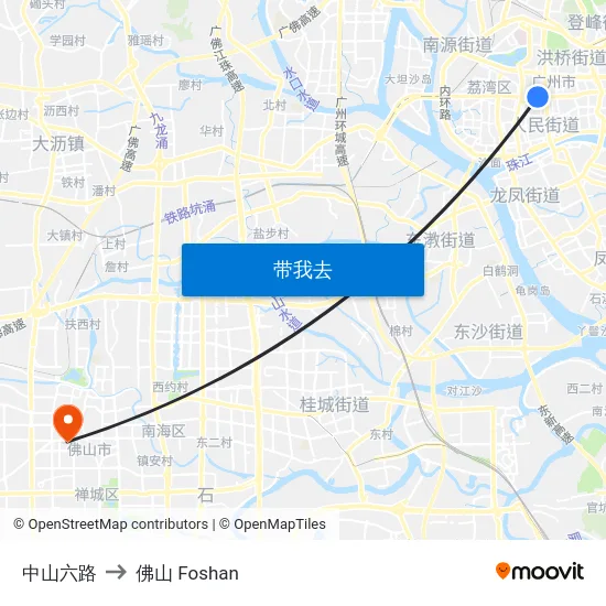 中山六路 to 佛山 Foshan map